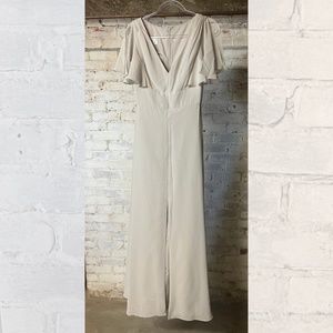 social bridesmaid flutter sleeve front slit v-neck dress in oyster [size 4]